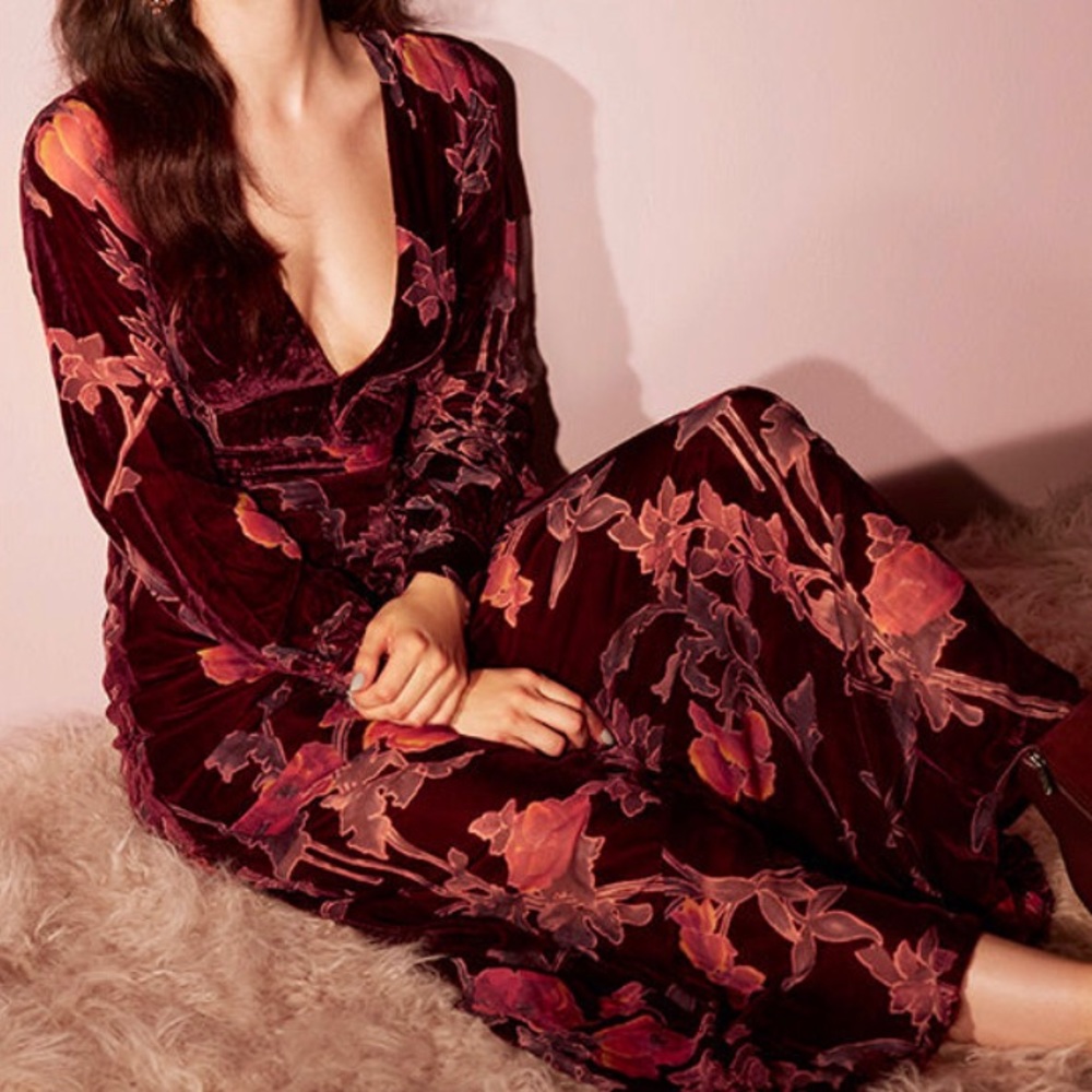 Lulus Burgundy Floral Velvet Maxi Dress